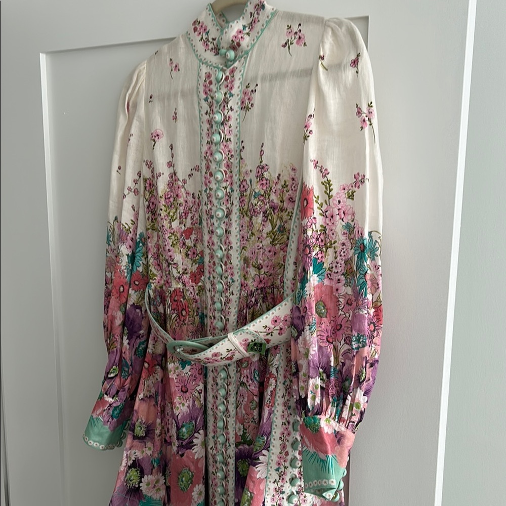 Zimmermann Floral High Neck Linen Dress